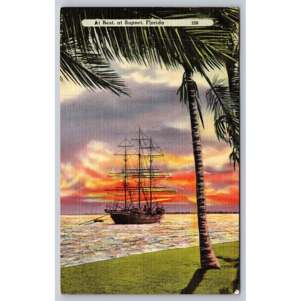 Vtg Linen Postcard At Rest at Sunset Florida Clipper Ship Palm Tree Bayard FL